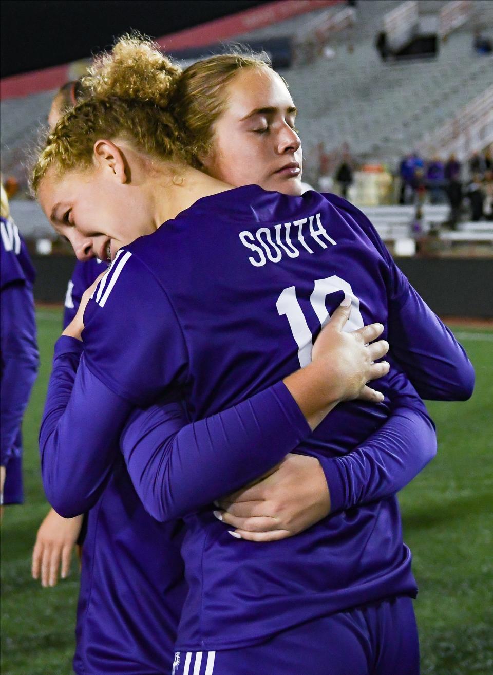 Bloomington South’s Katharine Lacy and Valerie Bunde react after losing to Noblesville, 3-1, in the IHSAA girls’ soccer state championship match at Michael Carroll Track & Soccer Stadium in Indianapolis, Ind. on Saturday, Oct. 28, 2023.