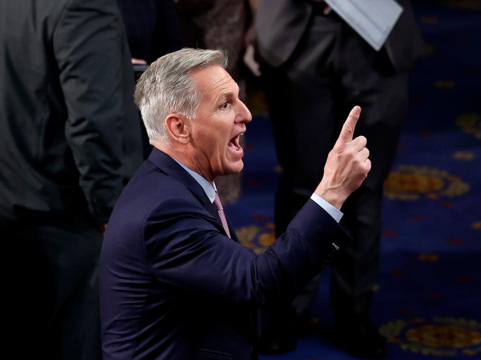 U.S. House Republican Leader Kevin McCarthy (R-CA) calls out in the House Chamber during the 14th vote for Speaker of the House at the U.S. Capitol Building on January 06, 2023 in Washington, DC.