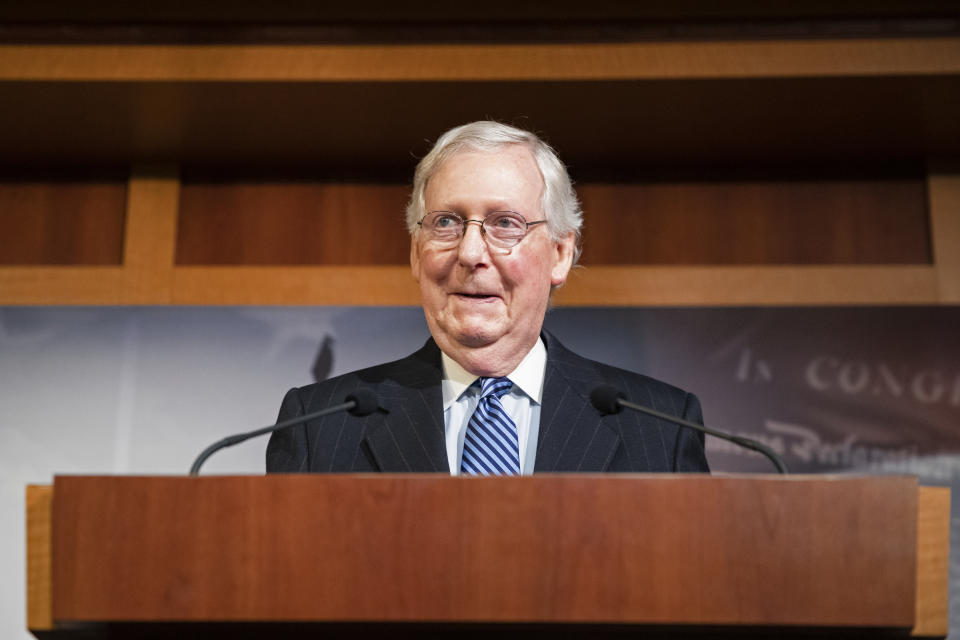 WASHINGTON, DC - FEBRUARY 05: Senate Majority Leader Mitch McConnell (R-KY) holds a press conference after the Senate voted to acquit President Donald Trump on the two articles of impeachment on Capitol Hill on February 5, 2020 in Washington, DC. After the House impeached Trump last year, the Senate tried him on charges of abuse of power and obstruction of Congress. (Photo by Samuel Corum/Getty Images)