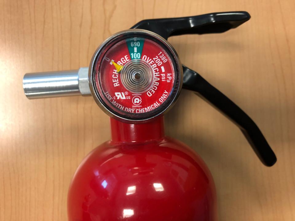 Watch the gauge on a standard fire extinguisher to be sure it has the proper amount of pressure. Note: This one is lacking a safety pin. The South Bend Fire Department has it just for educational purposes, seen here on Wednesday, Jan. 24, 2024.