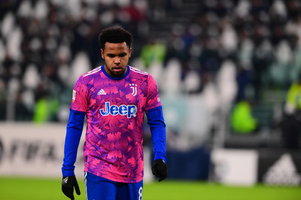 TURIN, ITALY - JANUARY 19: Weston McKennie of Juventus FC look on during the Coppa Italia match between Juventus and Monza at Juventus Stadium on January 19, 2023 in Turin, Italy. (Photo by Andrea Bruno Diodato/DeFodi Images via Getty Images)