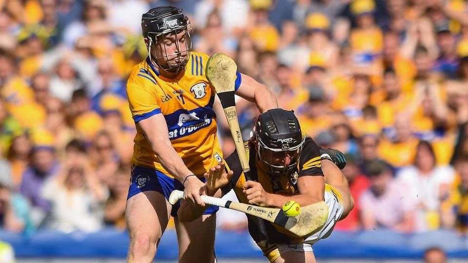 Mikey Butler of Kilkenny is tackled by Tony Kelly of Clare during the GAA Hurling All-Ireland Senior Championship semi-final match between Kilkenny and Clare at Croke Park in Dublin