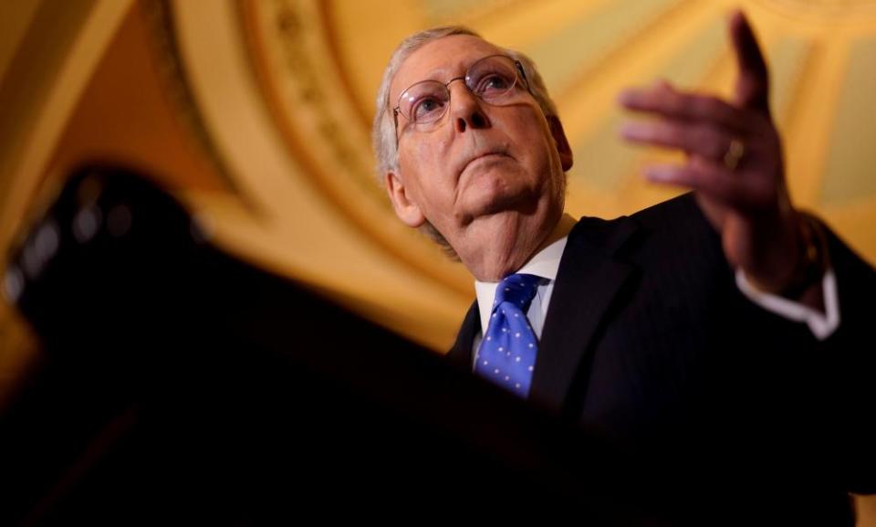 Mitch McConnell speaks with reporters on Capitol Hill this week.