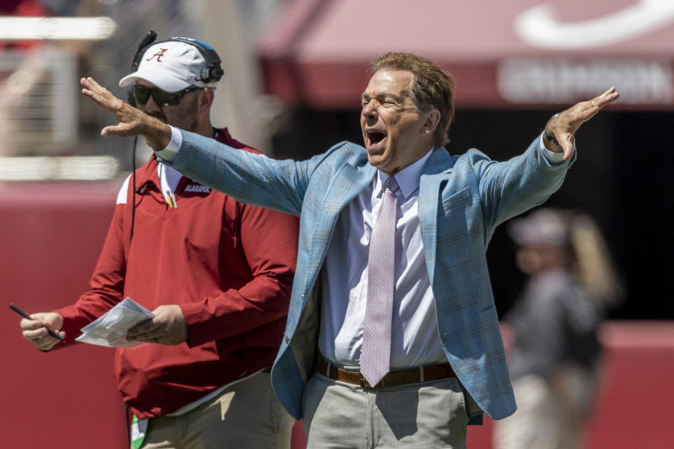 Alabama head coach Nick Saban yells instruction during the first half of Alabama's A-Day scrimmage on Saturday, April 22, 2023, in Tuscaloosa, Ala. (AP Photo/Vasha Hunt)