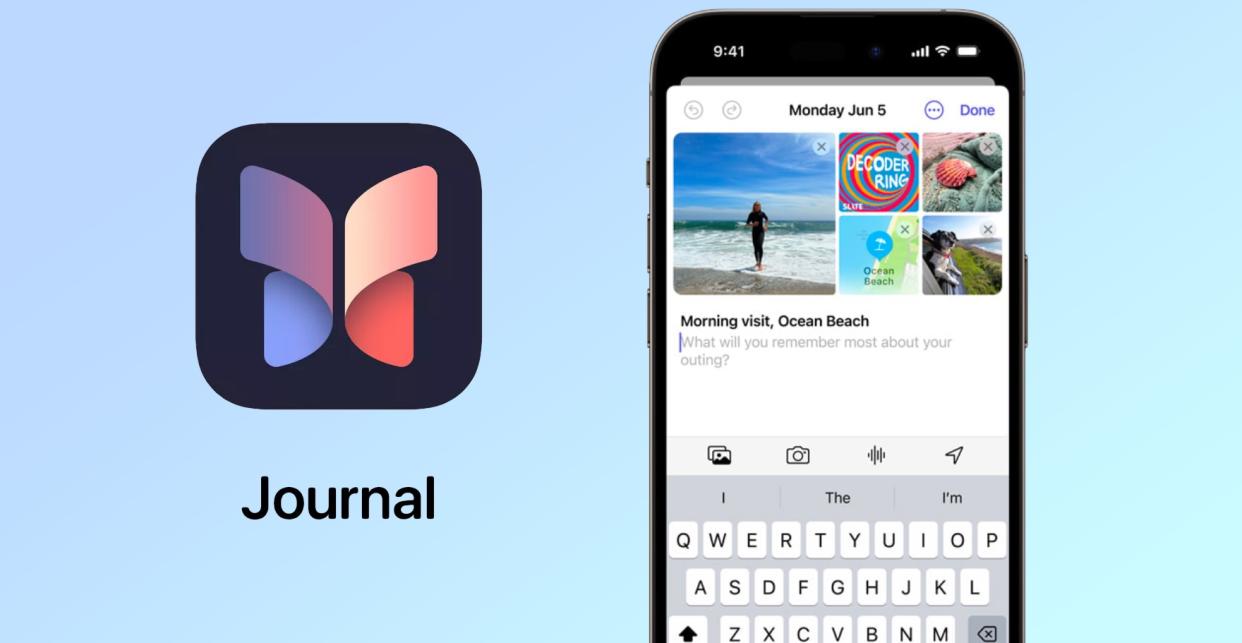   iOS 17 Journal app logo and screenshot on iPhone. 