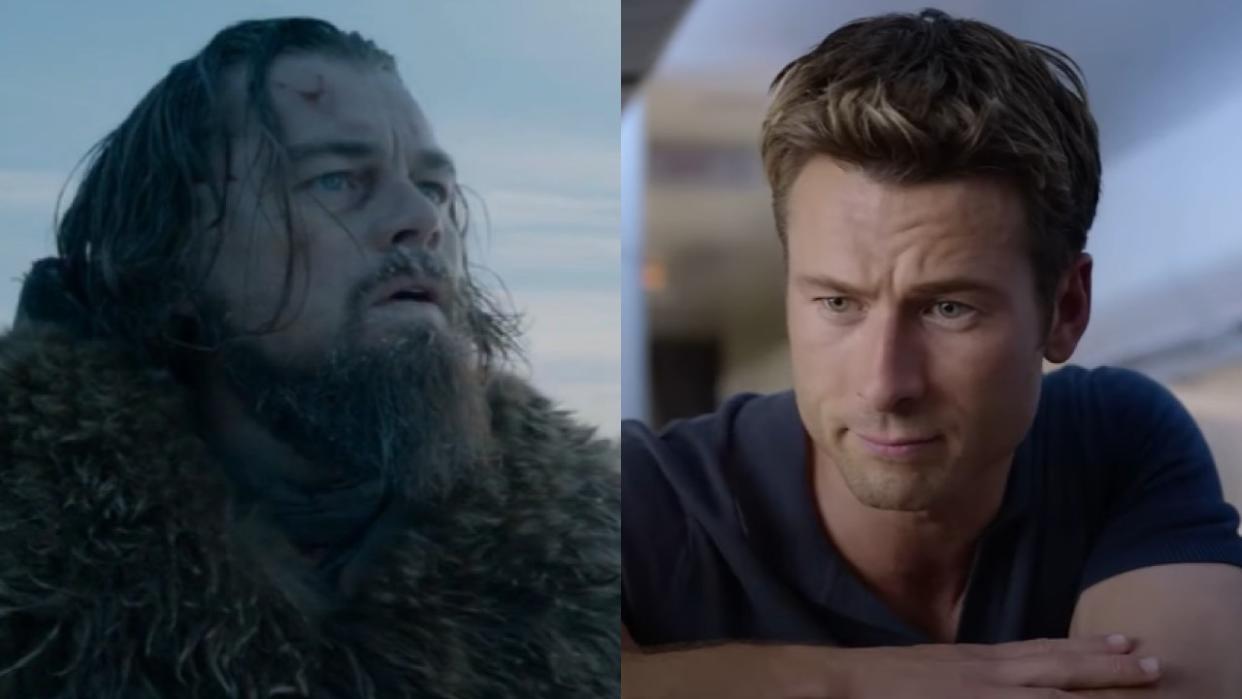  From left to right; Leonardo DiCaprio in The Revenant and Glen Powell in Anyone But You. 