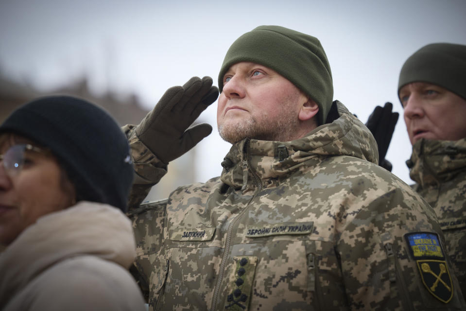 FILE - Commander-in-Chief of Ukraine's Armed Forces Valerii Zaluzhnyi attends a commemorative event on the occasion of the Russia Ukraine war one year anniversary, in Kyiv, Ukraine, Friday, Feb. 24, 2023. Ukrainian President Volodymyr Zelenskyy said Thursday, Feb. 8, 2024 he met with Zaluzhnyi and told him it's time for someone new to lead the army. (Ukrainian Presidential Press Office via AP, File)