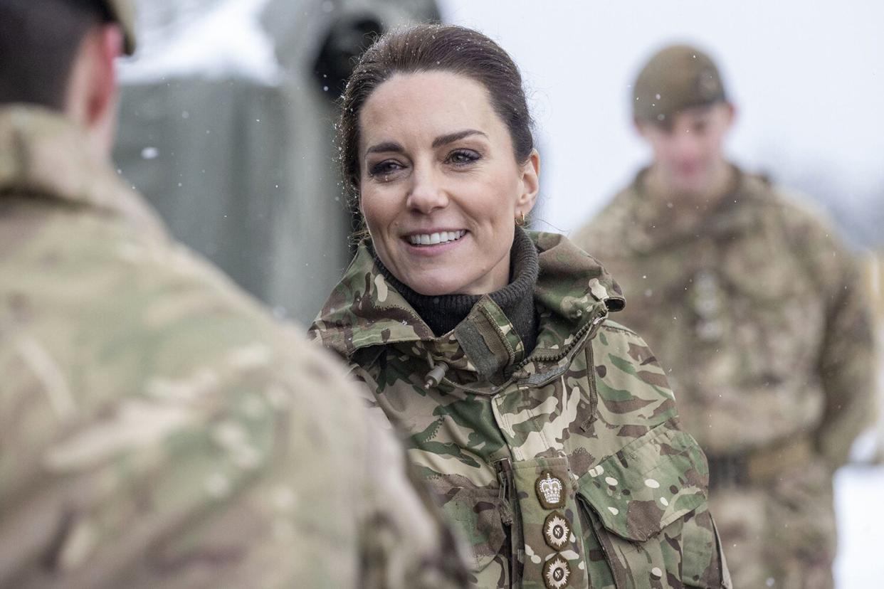 Kate, Princess of Wales, Colonel, Irish Guards, during her first visit to the 1st Battalion Irish Guards since becoming Colonel, at the Salisbury Plain Training Area in Wiltshire, England