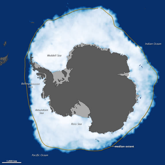 The sea ice circling Antarctica reached record levels on Sept. 26, extending 7.51 million square miles (19.44 million square kilometers).