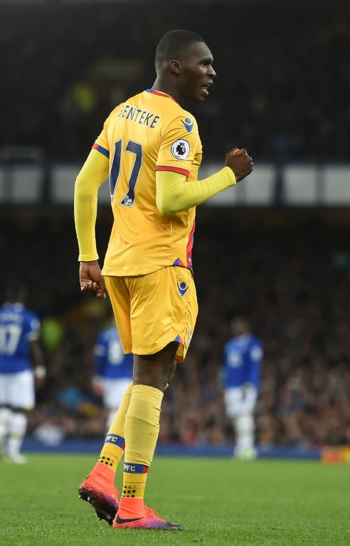 Crystal Palace's Zaire-born Belgian striker Christian Benteke celebrates scoring a goal