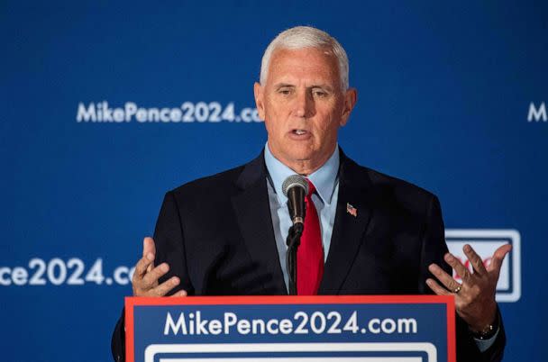 PHOTO: Former Vice President and 2024 presidential hopeful Mike Pence speaks at a campaign event in LaBelle Winery & Event Center in Derry, N.H., on June 9, 2023. (Joseph Prezioso/AFP via Getty Images)