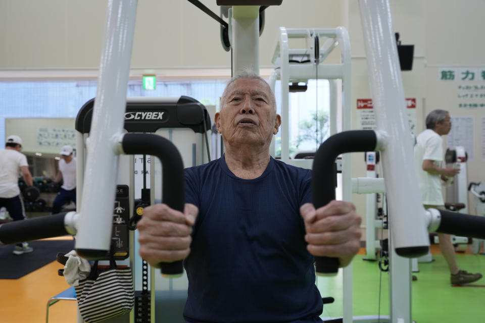 Shigeo Takahashi, 83, uses a pec deck machine as he works out at the Fukagawa Sports Center in Tokyo, Wednesday, June 12, 2024. If you are getting up there in years, weight-resistance training might deliver unexpected benefits.(AP Photo/Hiro Komae)