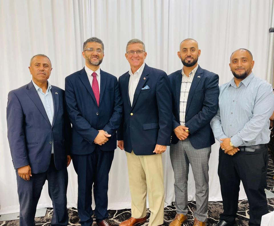 Hamtramck City Councilman Mohammed Alsomiri (left), Hamtramck Mayor Amer Ghalib, retired Army Lt. General and former national security adviser under former Pres. Donald Trump, Michael Flynn, City Councilman Khalil Refai, at Azal Hall in Hamtramck on Sept. 6, 2023. Flynn spoke to a crowd of about 35 Muslims and GOP leaders.