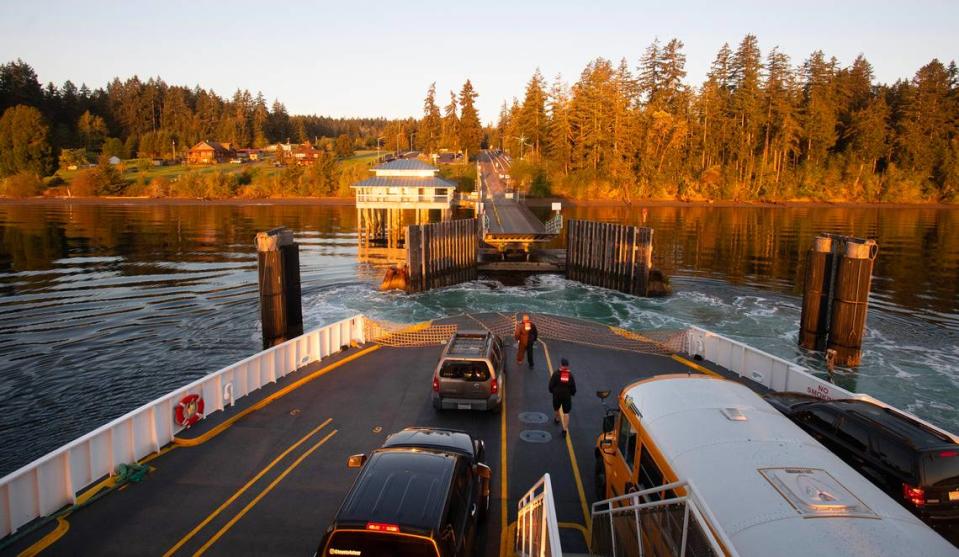 The M/V Christine Anderson 5:45 a.m. ferry from Steilacoom, Washington, arrives at the Anderson Island dock on Wednesday, May 10, 2023.