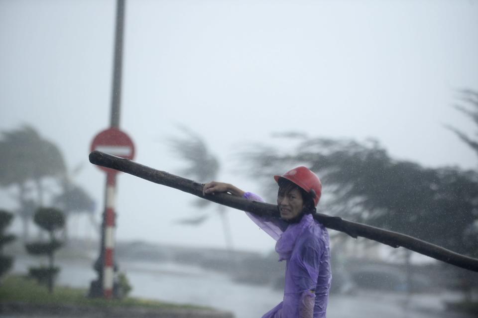 A man carries a fallen tree in rain which caused by Typhoon Nari in Vietnam's central Danang city, October 15, 2013. Typhoon Nari knocked down trees and damaged hundreds of houses in central Vietnam early on Tuesday, forcing the evacuation of tens of thousands of people, state media said. More than 122,000 people had been moved to safe ground in several provinces, including Quang Nam and Danang city, by late Monday before the typhoon arrived, the official Tuoi Tre (Youth) newspaper reported. (REUTERS/Duc Hien)