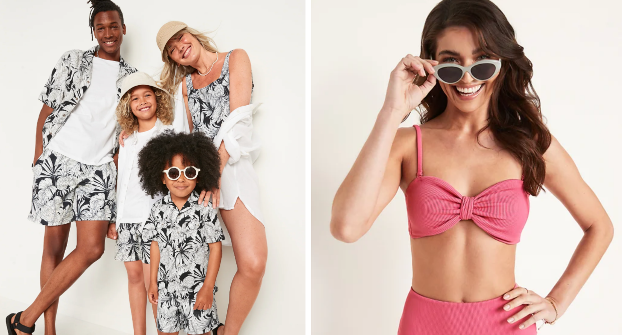 family in black and white palm print swimwear, woman in pink bikini and white sunglasses, old navy swimwear sale