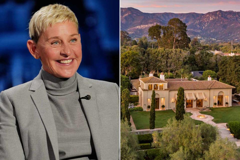 <p>Randy Holmes via Getty; Eric Foote</p> Ellen DeGeneres and the Montecito home she restored, currently listed for $46.5 million.
