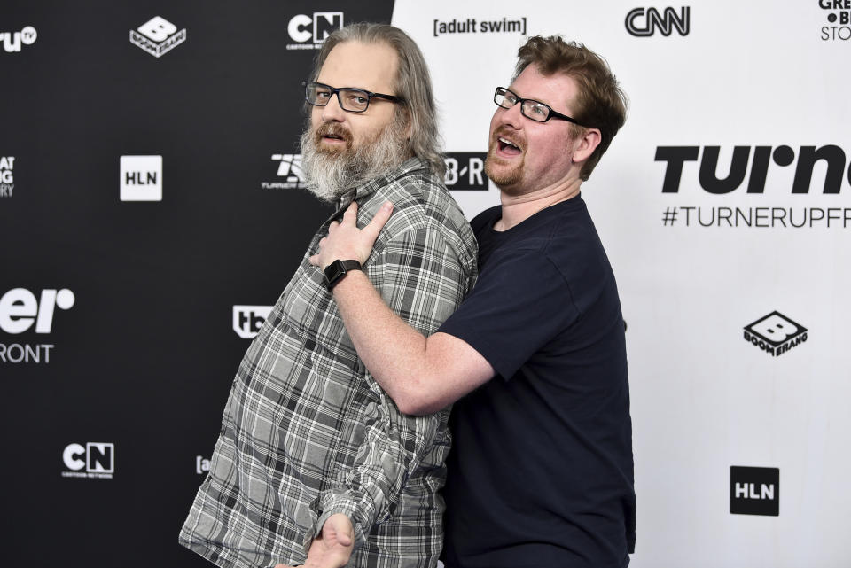 "Rick and Morty" creators Dan Harmon, left, and Justin Roiland attend the Turner Networks 2018 Upfront at One Penn Plaza on Wednesday, May 16, 2018, in New York. (Photo by Evan Agostini/Invision/AP)