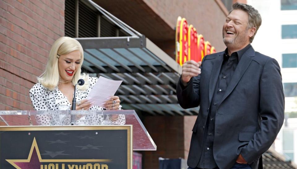 HOLLYWOOD, CALIFORNIA - MAY 12: (L-R) Gwen Stefani and Blake Shelton attend Blake Shelton's Star Ceremony on The Hollywood Walk Of Fame on May 12, 2023 in Hollywood, California. (Photo by Frazer Harrison/Getty Images)