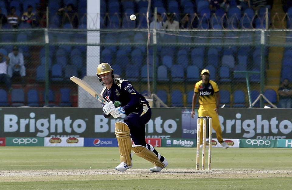 Quetta Gladiators batsman Jason Roy plays a shot during the Pakistan Super League T20 cricket match between Quetta Gladiators and Peshawar Zalmi at National stadium in Karachi, Pakistan, Saturday, Feb. 22, 2020. (AP Photo/Fareed Khan)