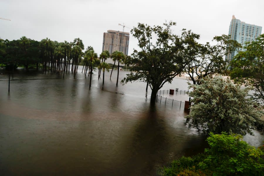 Water from the Hillsborough River rises onto Plant park at University of Tampa in downtown as Hurricane Idalia approaches the Big Bend region on Wednesday, Aug. 30, 2023. (Ivy Ceballo/Tampa Bay Times via AP)