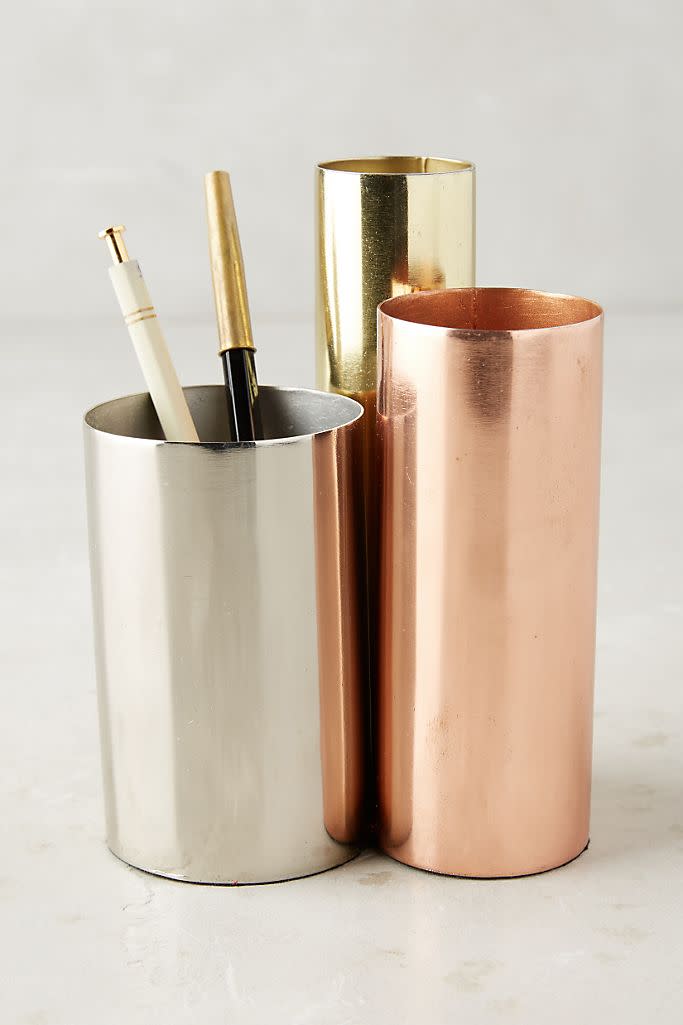 <h2>Luster Trio Pencil Holder</h2><br>Keep your pens, pencils, and maybe makeup brushes stored neatly inside these high-shine pencil holders. <br><br><strong>Anthropologie</strong> Luster Trio Pencil Holder, $, available at <a href="https://go.skimresources.com/?id=30283X879131&url=https%3A%2F%2Fwww.anthropologie.com%2Fshop%2Fluster-trio-pencil-holder%3F" rel="nofollow noopener" target="_blank" data-ylk="slk:Anthropologie" class="link ">Anthropologie</a>