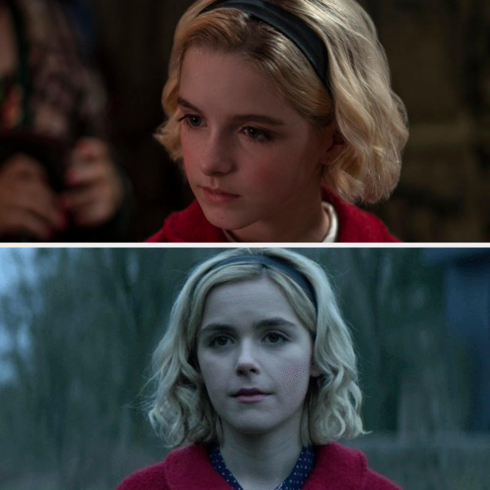 Top: McKenna Grace as young Sabrina Spellman, serious expression. Bottom: Kiernan Shipka as Sabrina Spellman, somber outdoor scene