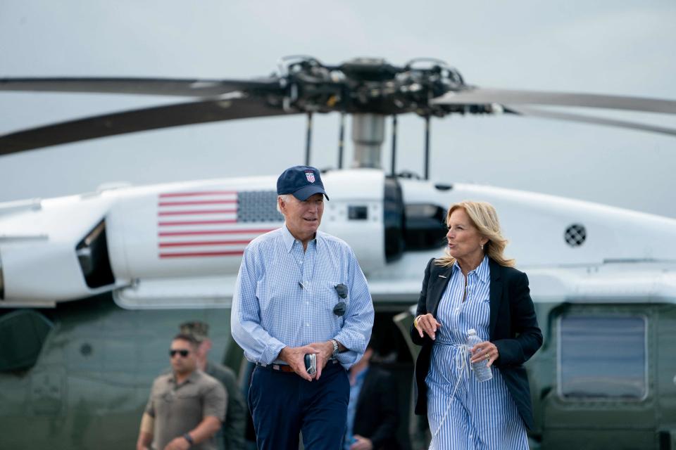 President Joe Biden and First Lady Jill Biden walk towards Air Force One before departing from Gainesville, Florida, on September 2, 2023. The Presiden and First Lady traveled to Florida to visit communities ravaged by Hurricane Idalia.