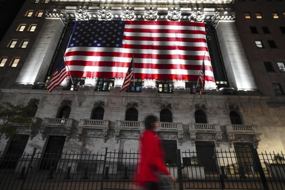 Photo by: John Nacion/STAR MAX/IPx 2020 11/3/20 A view of the New York Stock Exchange in Wall Street with US national flag on Election Day. On November 3, 2020, the United States elects its president and vice president, 35 Senators, all 435 members of the House of Representatives, 13 governors of 11 states and two US territories, as well as state and local government officials. Incumbent Republican President Donald Trump and Democratic Party nominee Joe Biden are running for president.