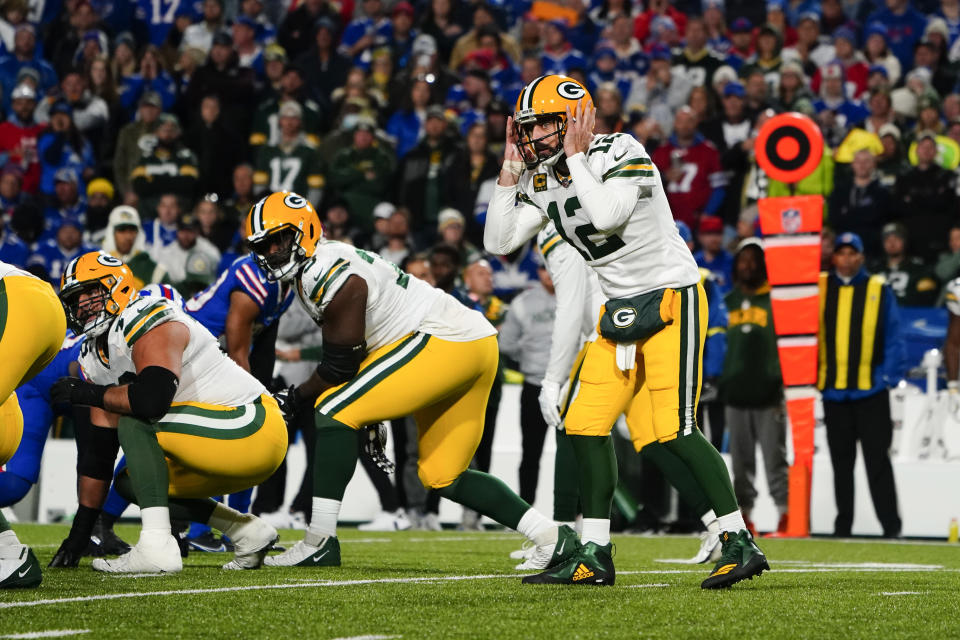 Oct 30, 2022; Orchard Park, New York, USA; Green Bay Packers quarterback Aaron Rodgers (12) changes the play at the line against the Buffalo Bills during the second half at Highmark Stadium. Mandatory Credit: Gregory Fisher-USA TODAY Sports