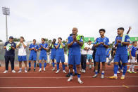 Makkabi Berlin players thank their supporters after their 6-0 defeat to Wolfsburg after the first round of the German Soccer Cup match between Makkabi and Wolfsburg at Mommsenstadion stadium, Berlin, Sunday Aug. 13, 2023. Makkabi, which was founded by Holocaust survivors in 1970, had already made history just by qualifying for the 64-team German Cup – by winning the Berlin Cup for the first time – to become the first Jewish club to take part since the tournament was started under the Nazis in 1935. (AP Photo/Ciaran Fahey)