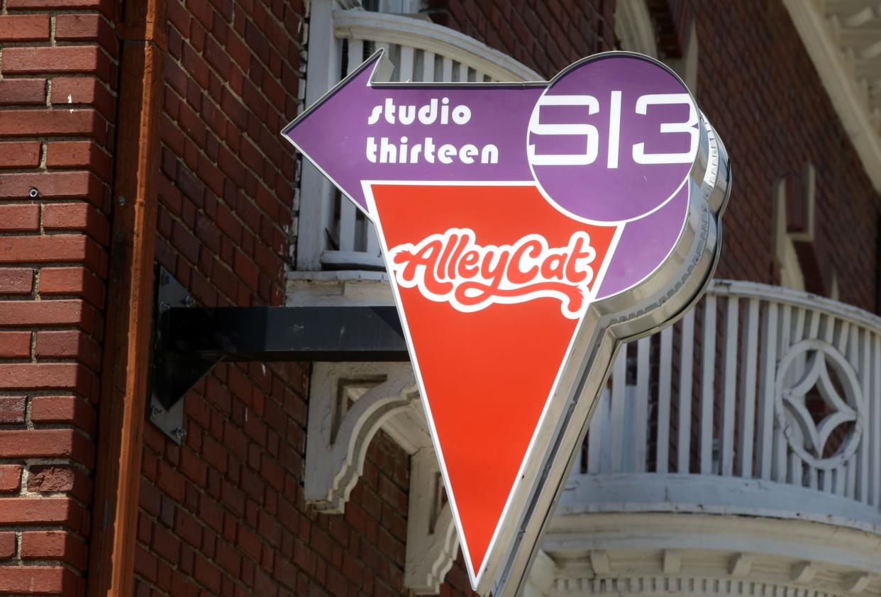 The new sign for Alleycat, formely Joystick Comedy Arcade, is pictured on the building at 13. S. Linn St. Tuesday, April 23, 2024 in downtown Iowa City, Iowa.