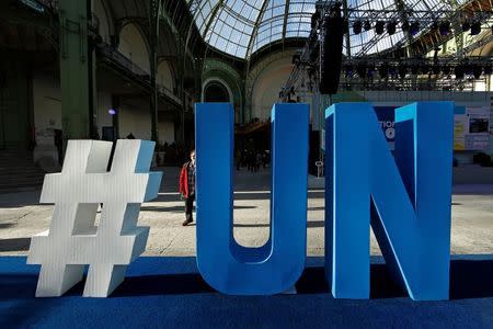 A United Nations logo is pictured at the Grand Palais during the Solutions COP21 in Paris, France, December 4, 2015 as the World Climate Change Conference 2015 (COP21) continues at Le Bourget near the French capital. REUTERS/Benoit Tessier