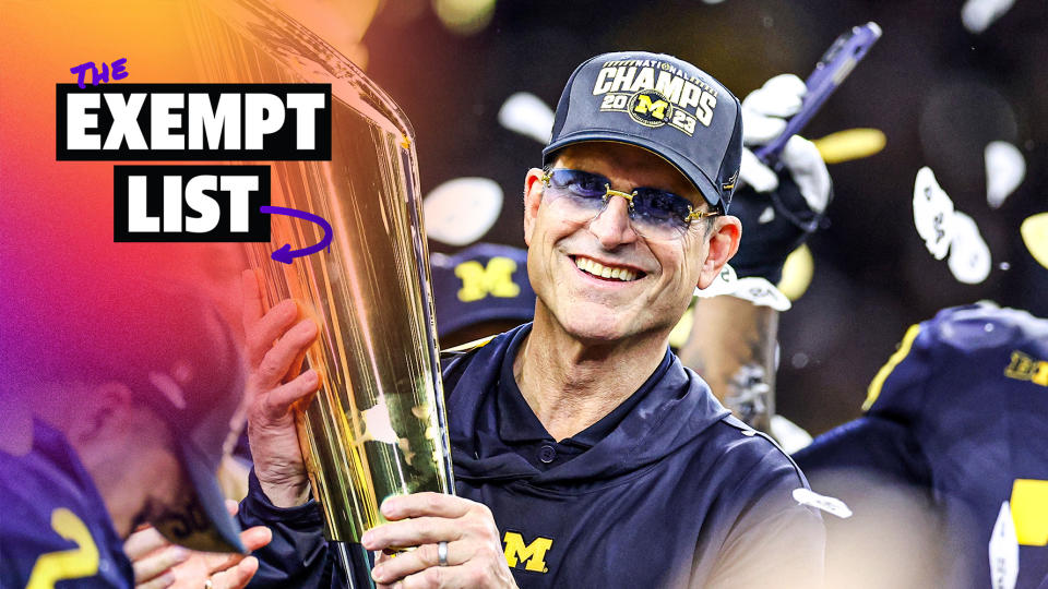 HOUSTON, TEXAS - JANUARY 08: Head coach Jim Harbaugh of the Michigan Wolverines celebrates after defeating the Washington Huskies during the 2024 CFP National Championship game at NRG Stadium on January 08, 2024 in Houston, Texas.  Michigan defeated Washington 34-13. (Photo by Stacy Revere/Getty Images)