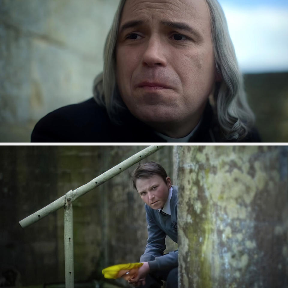 Rory Kinnear as two very different-looking characters, one with long gray hair and the other with short brown hair