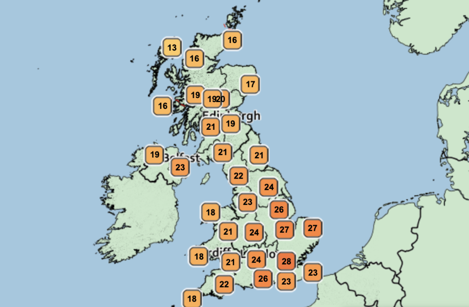 Temperatures in the south-east will be around 30C on Tuesday afternoon. (Met Office)