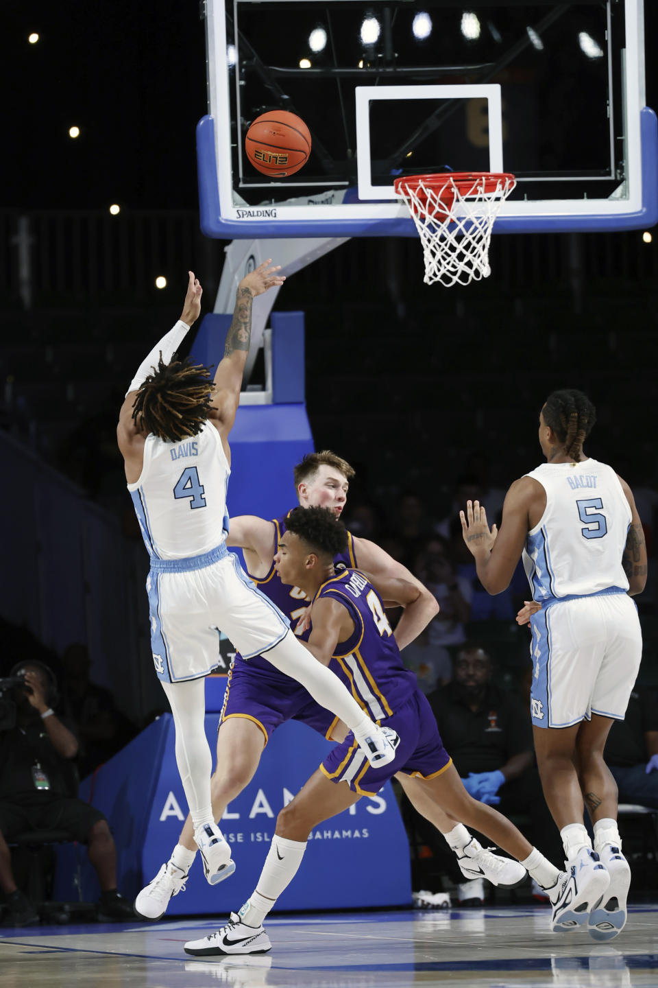 North Carolina's RJ Davis shoots the ball against Northern Iowa during the first half of an NCAA college basketball game in the Battle 4 Atlantis at Paradise Island, Bahamas, Wednesday, Nov. 22, 2023. (Tim Aylen/Bahamas Visual Services via AP)