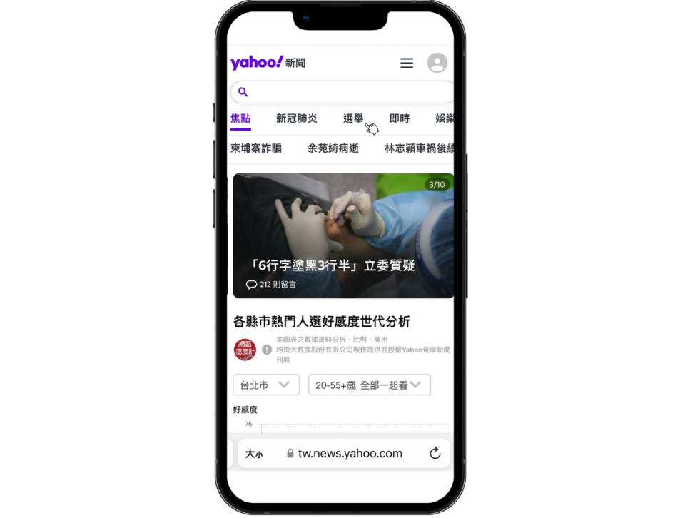 打開桌機、手機Yahoo奇摩新聞頻道，點擊「選舉」，看即時九合一大選資訊。