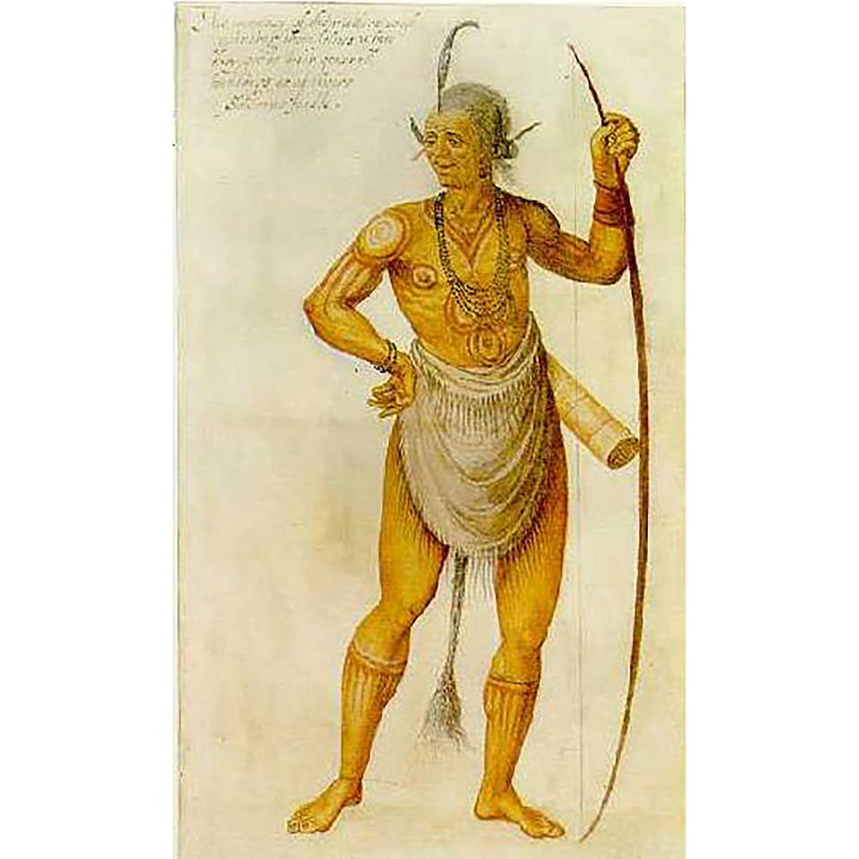 A 16th century painting of a Chesapeake Bay warrior by John White; this painting was adapted to represent Opechancanough in John Smith's "General History of Virginia" (1624).<span class="copyright">Public Domain</span>