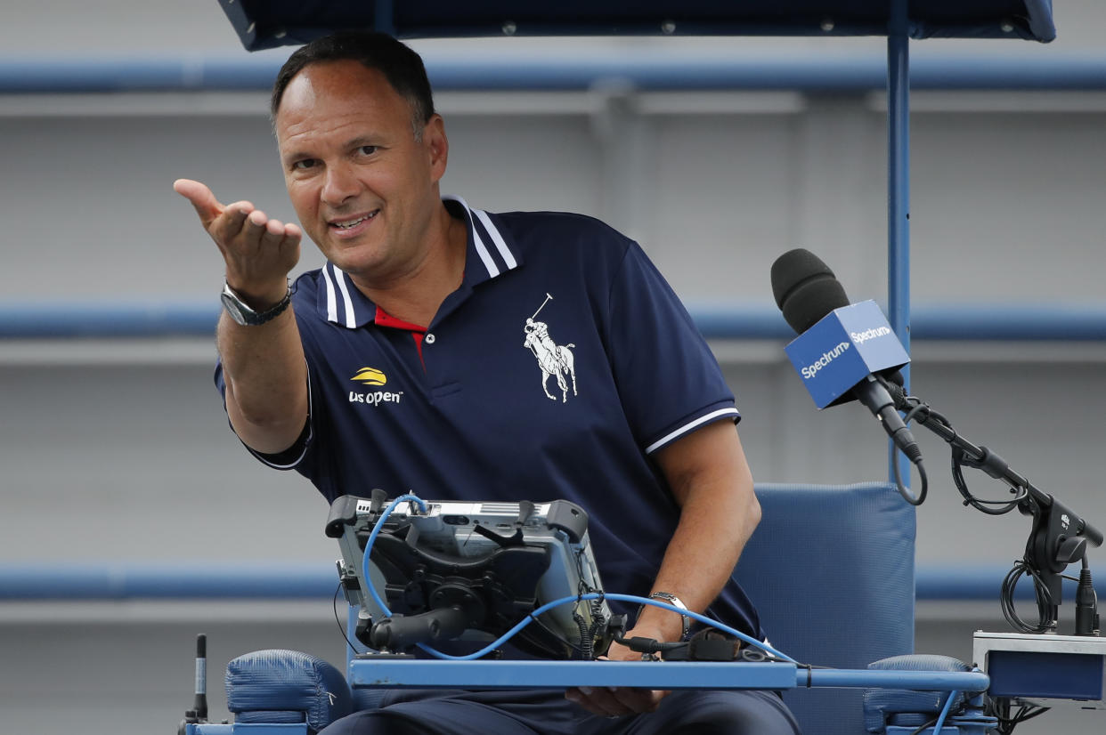 In this Aug. 31, 2018, file photo, chair umpire Mohamed Lahyani gives instructions before a doubles match during the U.S. Open tennis tournament, in New York. (AP Photo/Carolyn Kaster, File)