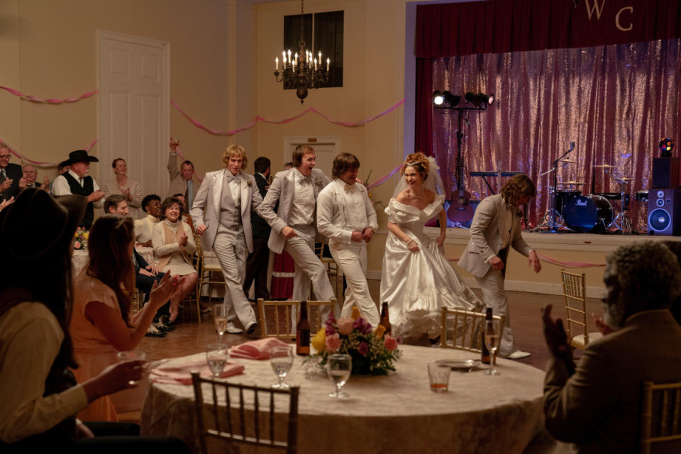 The Von Erich brothers at Kevin's wedding, dancing with his bride, Pam (Lily James). <p>Photo: Brian Roedel/Courtesy of A24</p>