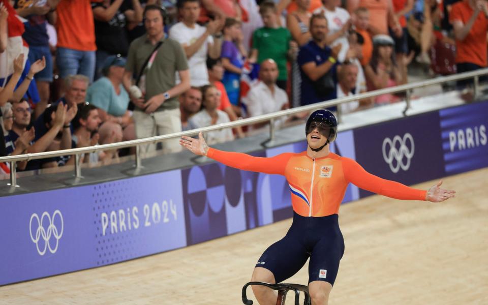 Harrie Lavreysen celebrates winning gold in the men's keirin