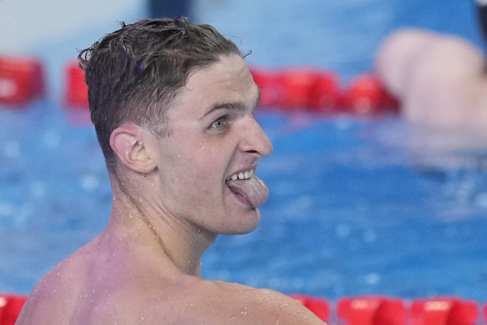 Lewis Clareburt of New Zealand reacts after competing in the men's 400-meter individual medley final at the World Aquatics Championships in Doha, Qatar, Sunday, Feb. 18, 2024. (AP Photo/Lee Jin-man)