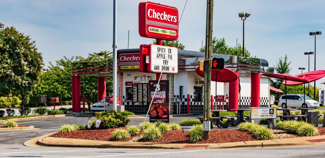 Hickory, NC, USA-15 August 18: A Checkers Fast food restaurant,  an American chain headquartered in Tampa, Florida.