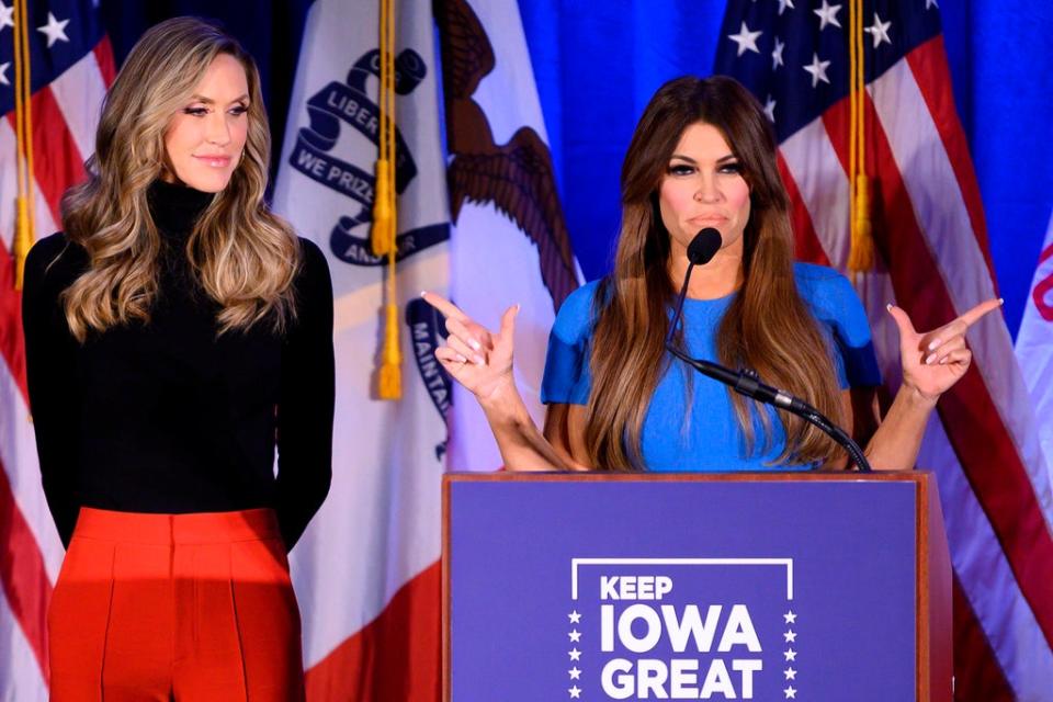 Donald Trump Jr’s girlfriend Kimberly Guilfoyle (R) speaks with Lara Trump (L), the wife of Eric Trump, during a “Keep Iowa Great” press conference in 2020 (AFP via Getty Images)