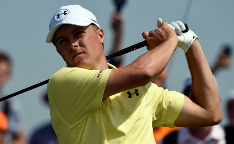 US golfer Jordan Spieth watches his drive from the 15th tee during a practice round at Royal Birkdale golf course near Southport, on July 18, 2017, ahead of the 146th British Open