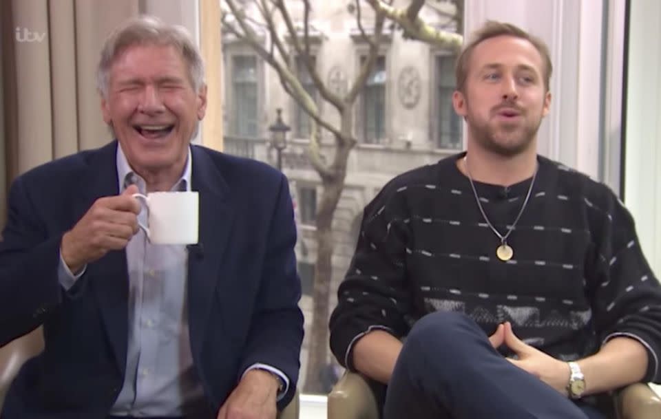 Harrison Ford and Ryan Gosling couldn't stop laughing when they sat down for an interview recently. Source: ITV / This Morning