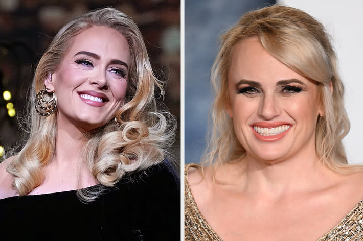 Two side-by-side portraits of a female celebrity smiling, one in a black outfit, the other in a glittery top