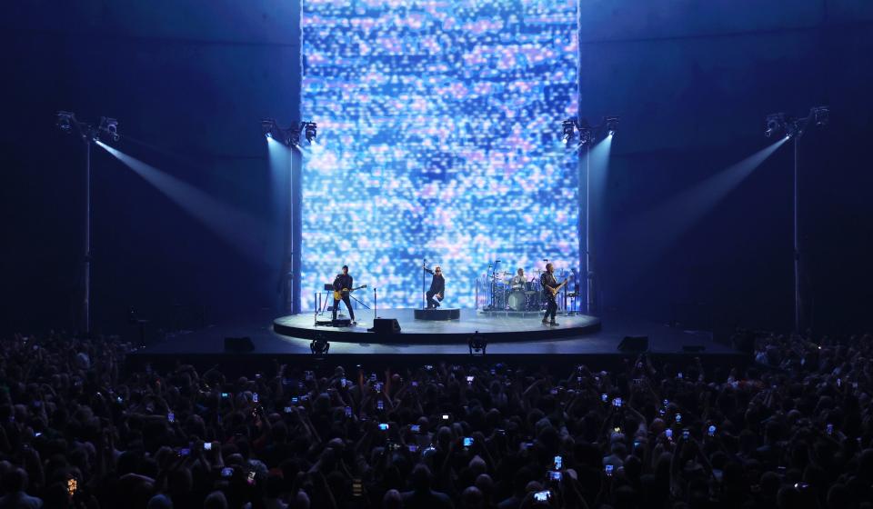 Bono, The Edge, Adam Clayton and Bram van den Berg of U2 perform during opening night of U2:UV Achtung Baby Live at Sphere on September 29, 2023 in Las Vegas, Nevada