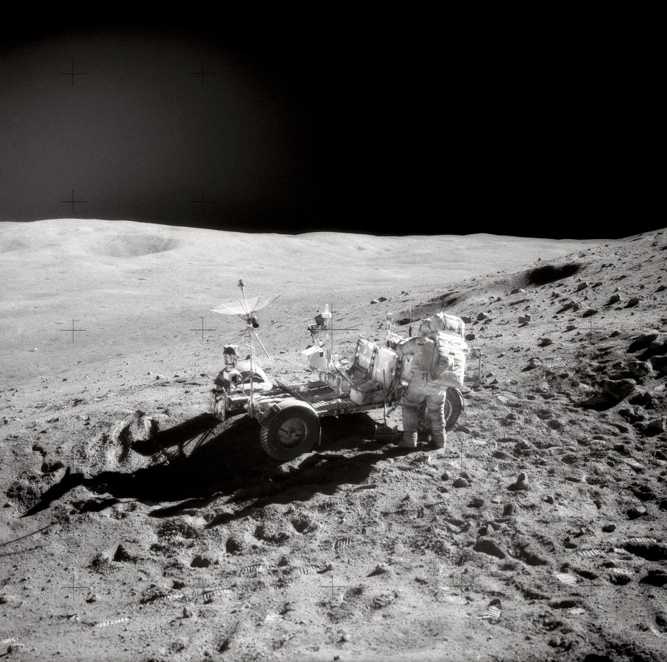 Young, Commander of the Apollo 16 mission, with the Lunar Roving Vehicle at the Descartes landing site. The photo was captured by Duke. <strong>Image Credits:</strong> NASA